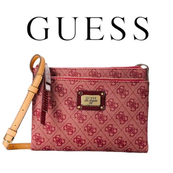 Guess Handbags - NEW GUESS Double Zip Crossbody Quadruple G Signature on Leather in Burgundy